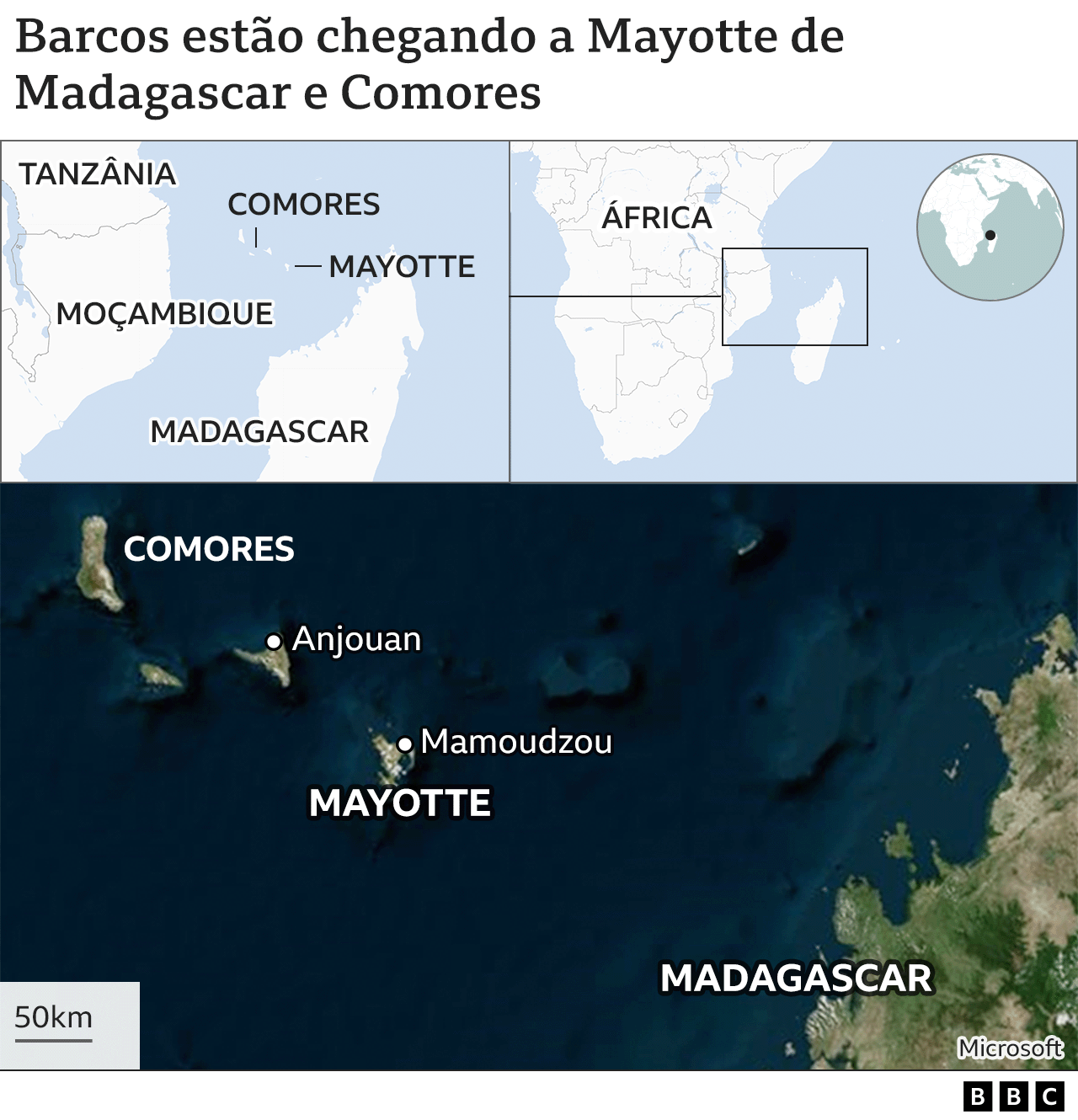 Mapa mostrando Madagascar, Mayotte e Comores