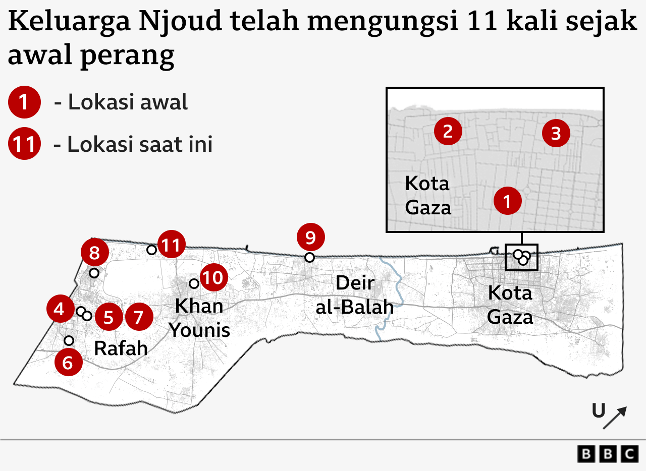 Infografis yang menunjukkan bahwa keluarga Njoud telah mengungsi sebanyak 11 kali sejak dimulainya perang.