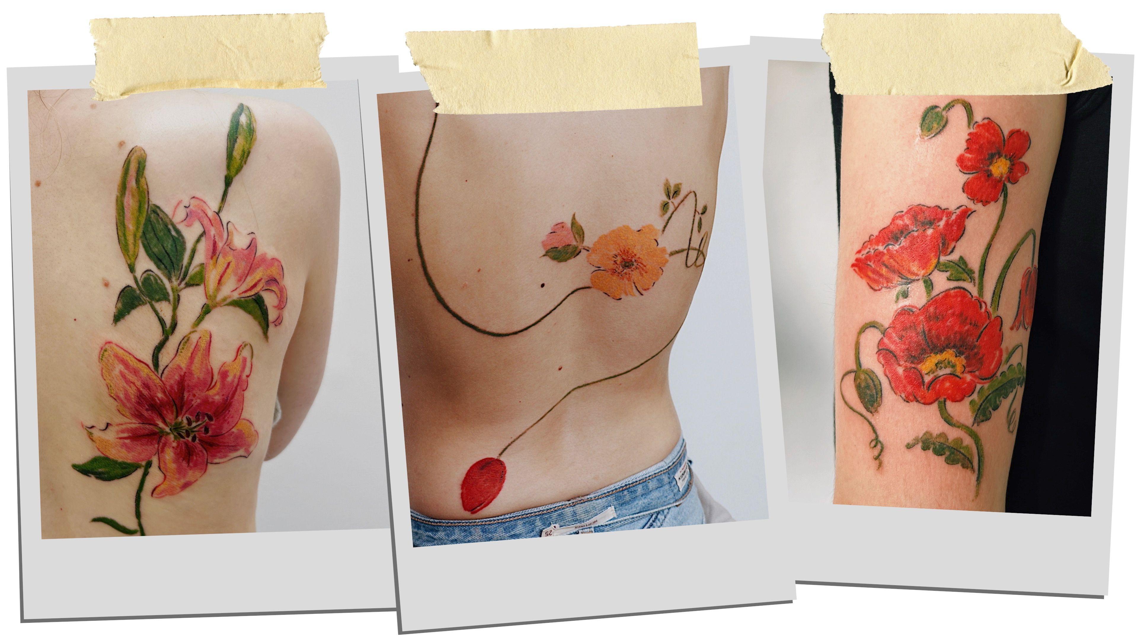 Uma colagem de três fotos em estilo polaroid com delicados tatuagens florais vermelhas, desenhadas e pintadas pelo tatuador sul-coreano Gong Greem