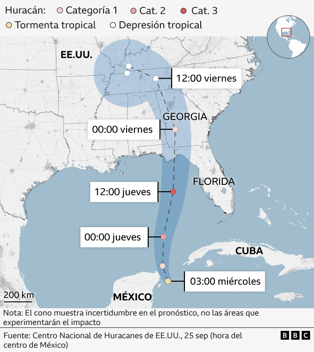 Mapa de la trayectoria del huracán Helene por el Golfo de México hasta llegar a Estados Unidos.