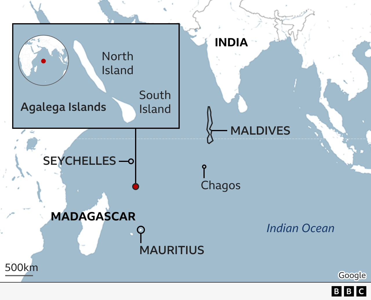 A map showing the location of Agalega in the Indian Ocean - is it located to the north-east of Madagascar and 1,100km north of mainland Mauritius