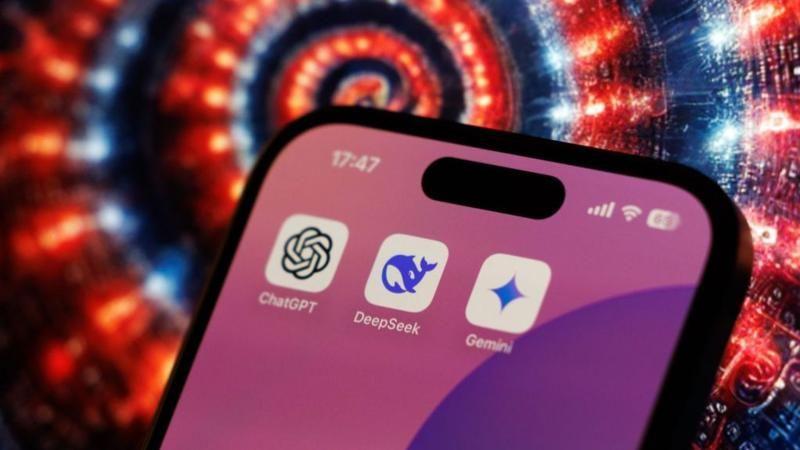 Celular com os aplicativos do ChatGPT, DeepSeek e Gemini