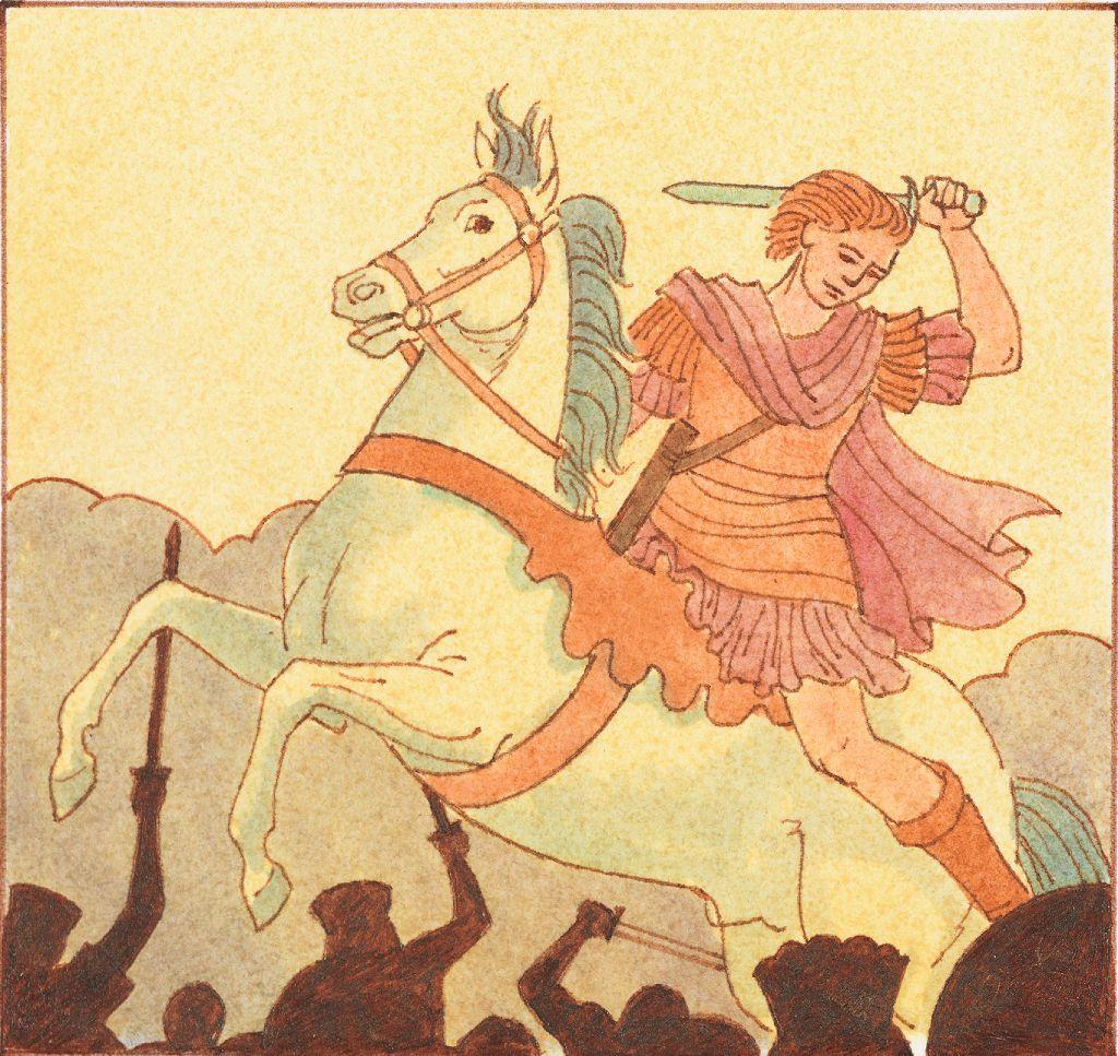 Dibujo de Alejandro Magno a caballo con espada en mano