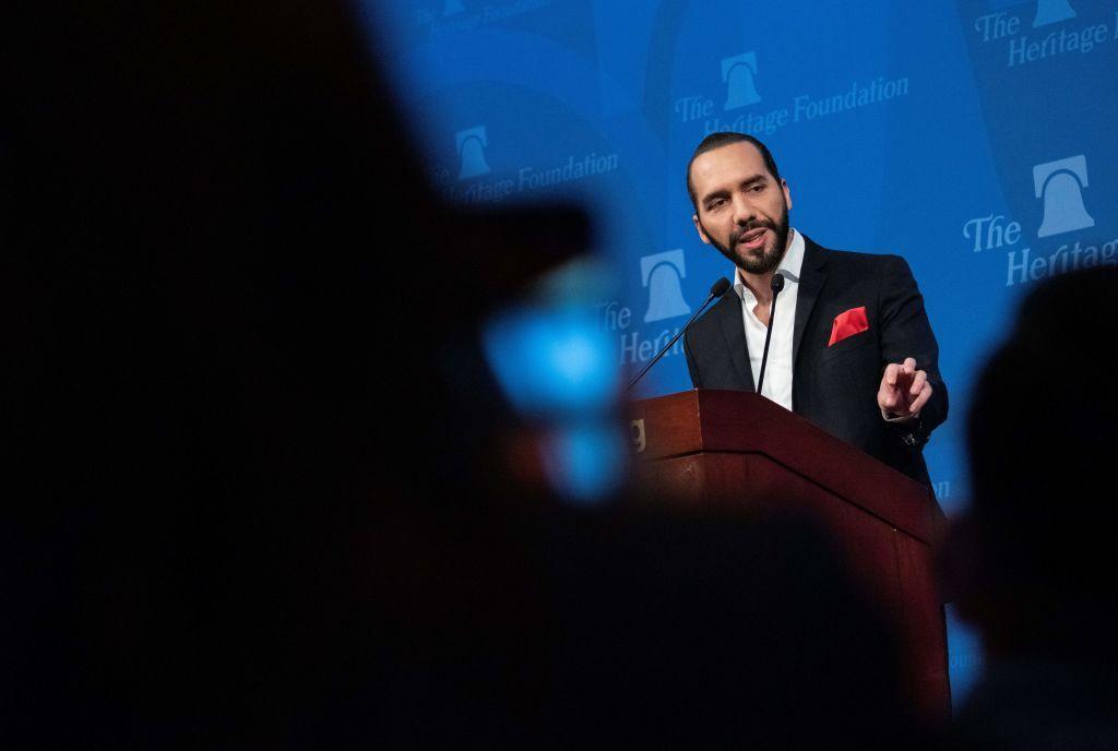 El presidente de El Salvador Nayib Bukele dando un discurso en la Heritage Foundation de Washington DC el 13 de marzo de 2019.