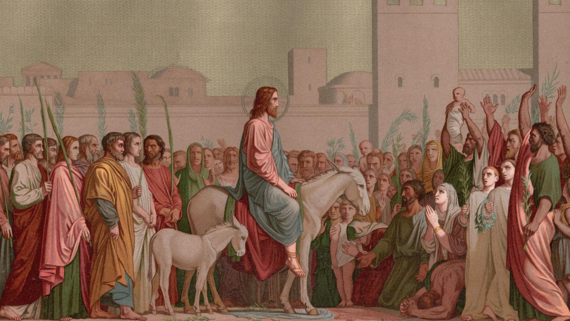 لوحة بعنوان "دخول يسوع أورشليم يوم أحد الشعانين"، مع أعمال هيبوليت فلاندرين عام 1844.
