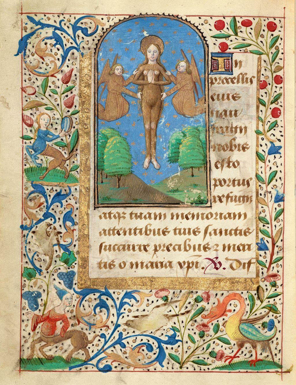 Dibujo de la santa flotando sostenida por dos ángeles en medio de página de manuscrito 