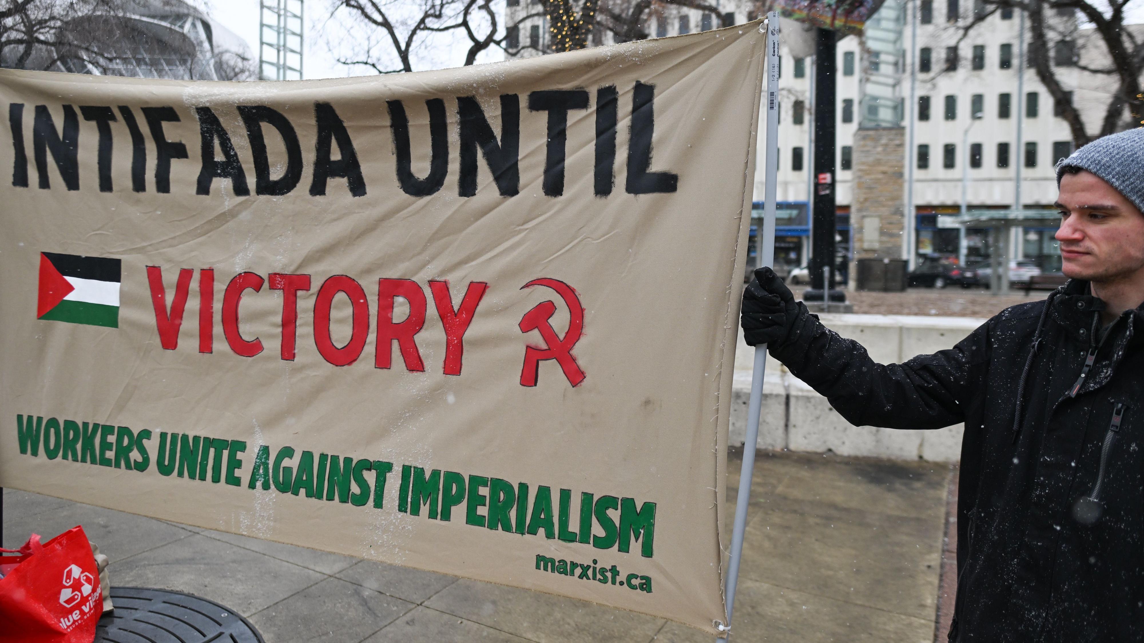 캐나다에서 한 운동가가 팔레스타인 지지 시위를 펼치고 있는 모습