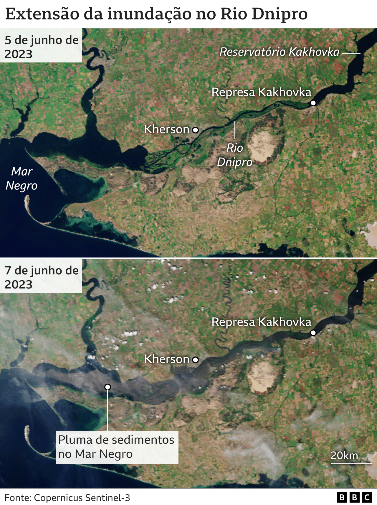 As imagens de satélite também mostram a extensão das inundações no Rio Dnipro. Uma pluma de sedimentos é vista na imagem capturada em 7 de junho