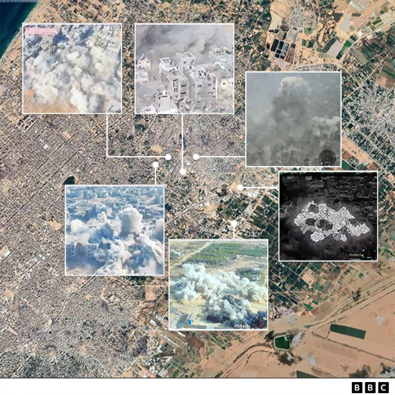 A BBC graphic showing the location of the detonations. 