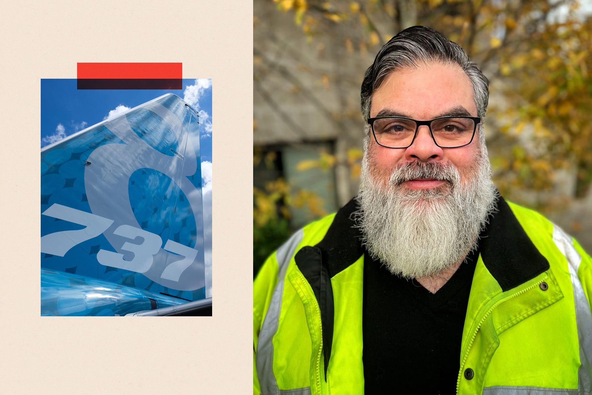 A close-up image of a Boeing 737 aircraft on the left and a photo of Sam Mohawk on the right