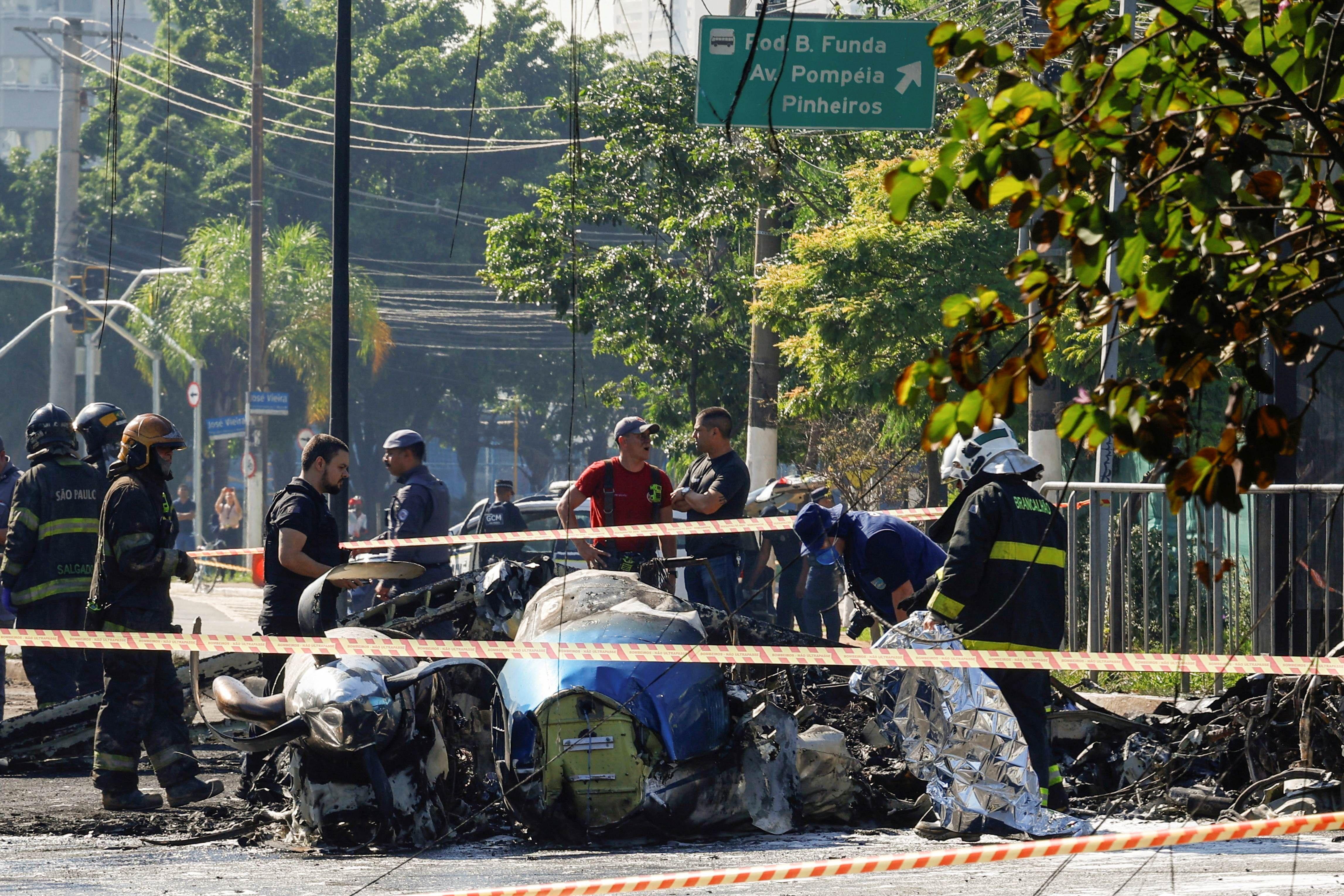 A polícia e os bombeiros trabalham onde um pequeno avião caiu em Marques de São Vicente, em São Paulo  