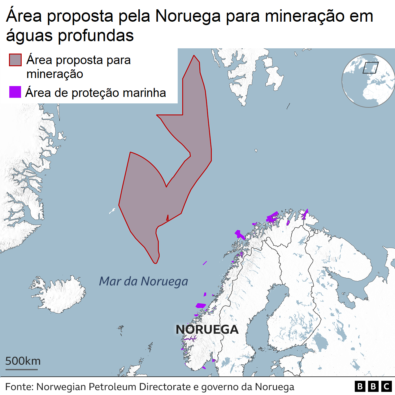 Mapa mostra área proposta pela Noruega para mineração em águas profundas
