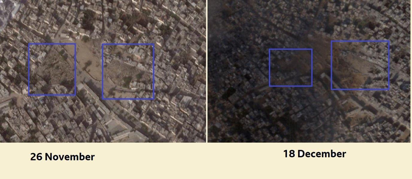 صورة الأقمار الصناعية لمقبرة الشجاعية تظهر آثار قبل (يمين) وبعد التدمير (شمال)