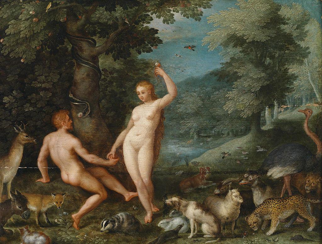 Eva tentando a Adán en el Paraíso en un óleo de Jan  Brueghel, el joven.