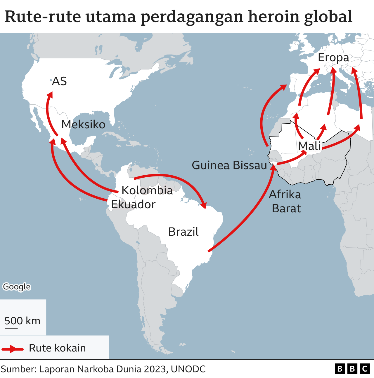 Peta yang menunjukkan rute utama penyelundupan kokain internasional