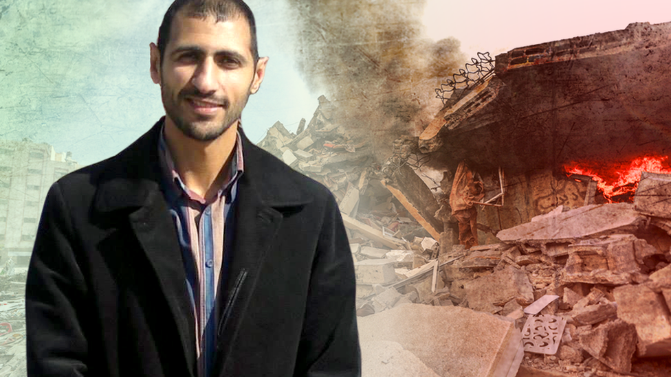 Mahmoud Shaheen superpuesto frente al edificio Al-Zahra derrumbado.
