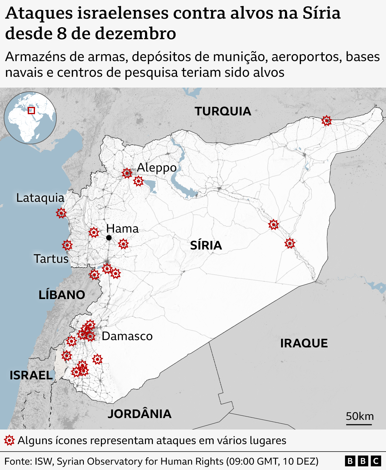 Gráfico mostra o mapa da Síria com as regiões onde ocorreram os ataques até 8 de dezmebro. 