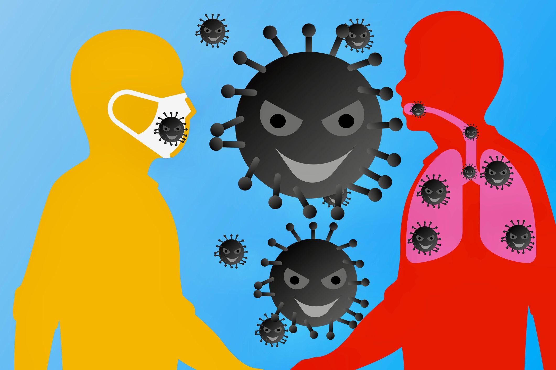 Dibujo de coronavirus con sonrisa maliciosa. 