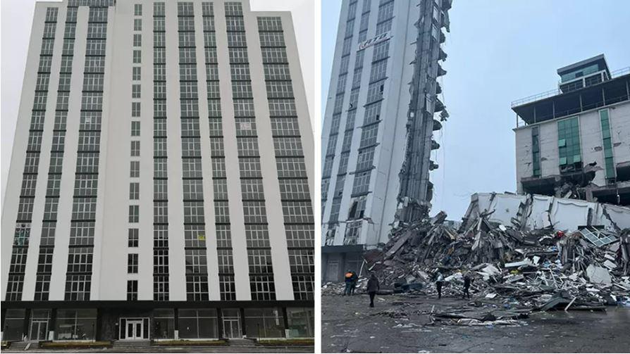 Gambar sebelum dan sesudah bencana; apartemen di Kota Iskanderun yang baru dibangun 2019 lalu.