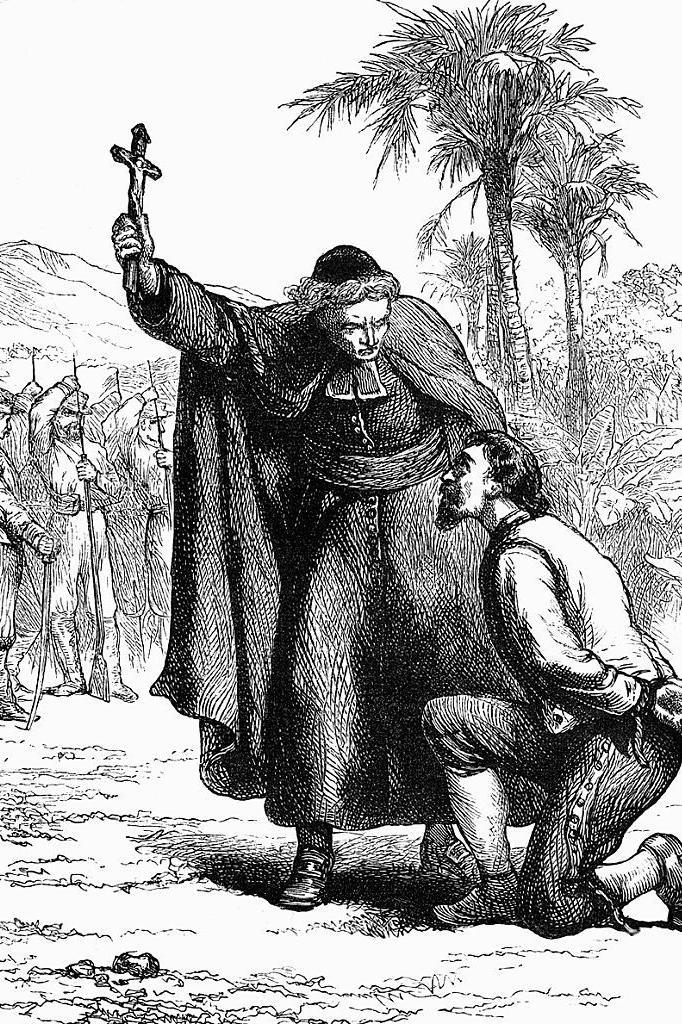 The illustration shows a priest blessing Walker before his execution in 1860 in Honduras.