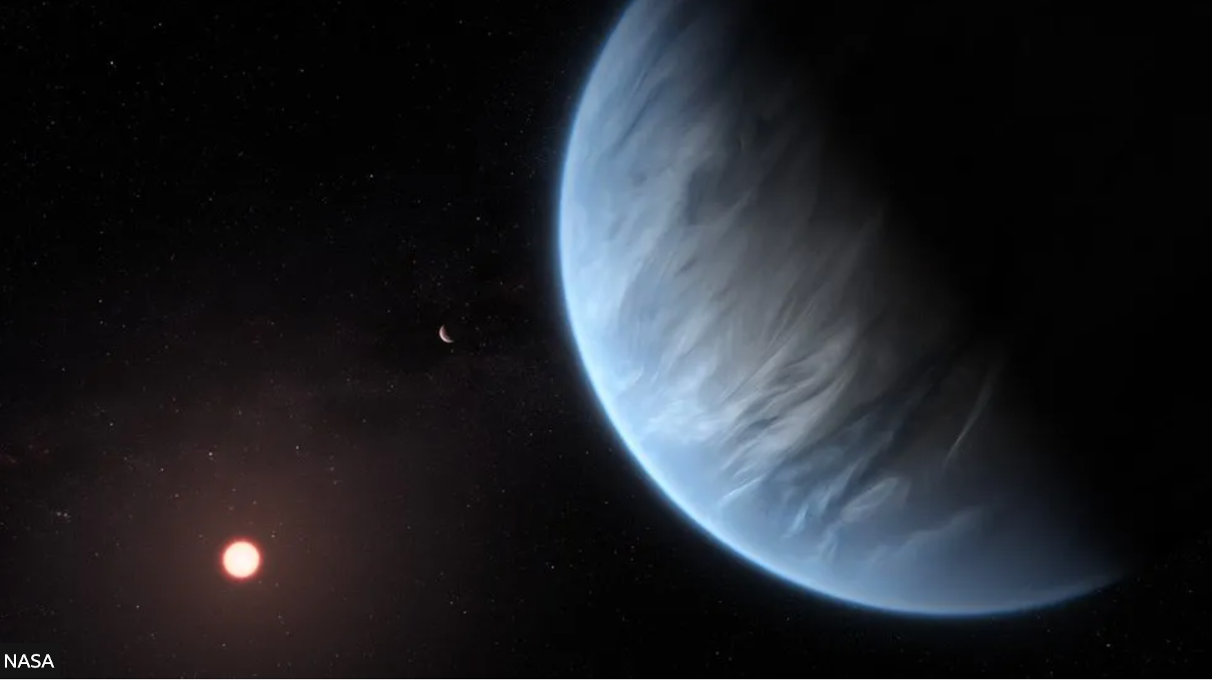 İllüstrasyon: K2-18 b, sıcaklığının yaşamı desteklemesine yetecek kadar uzakta, kırmızıyla gösterilen soğuk bir cüce yıldızın yörüngesinde dönüyor