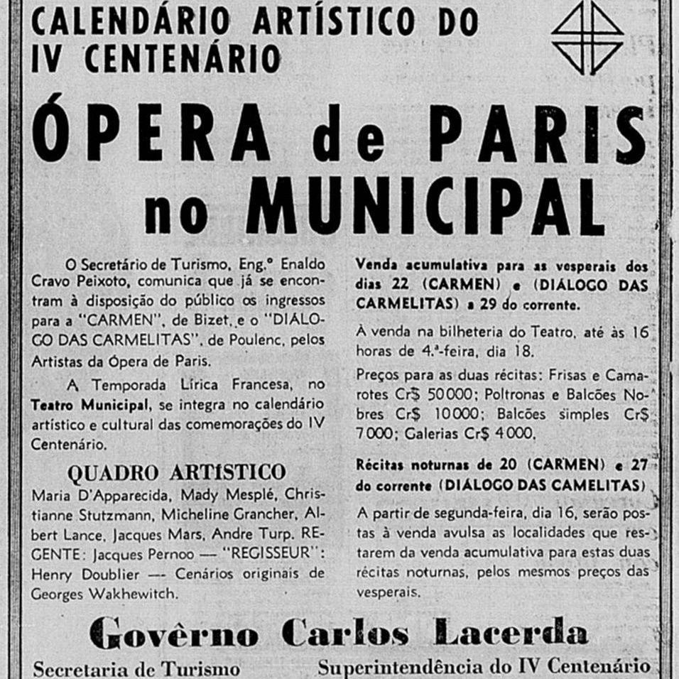 Recorte de jornal mostra anúncio de 'Ópera de Paris no Municipal'