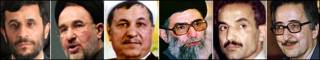 از راست: بنی صدر،رجایی، آیت اله خامنه ای، رفسنجانی، خاتمی، احمدی نژاد