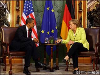 Obama junto a Angela Merkel en Dresden
