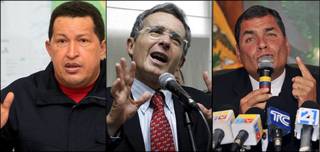 De izq. a der.:Hugo Chávez, Álvaro Uribe y Rafael Correa.
