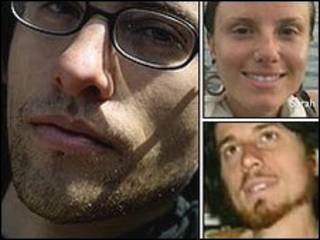 Shane Bauer (esq.), Sarah Shourd (dir.) e Joshua Fattal (abaixo)