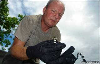Arne Rasmussen e um espécime de Laticauda colubrina (Foto: Arne Rasmussen)