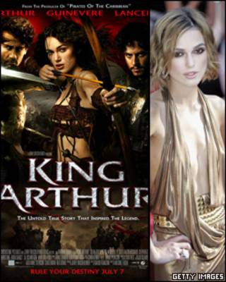 Afiche de la película "El rey Arturo" y una foto de la actriz Keira Knightley