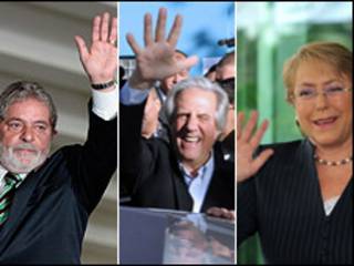 Lula da Silva, presidente de Brasil, Tabaré Vázquz, presidente de Uruguay y Michelle Bachelet, presidenta de Chile