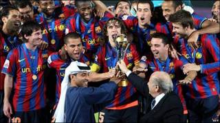 Jugadores del FC Barcelona celebrando su victoria en el Mundial de Clubes