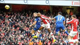 Leon Osman circled by Arsenal players