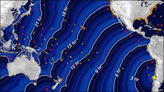 Viaje del tsunami en un gráfico de la Administración Nacional Atmosférica y Oceánica.