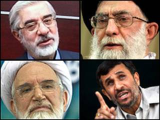 تصویر آیت الله علی خامنهای، محمود احمدی نژاد، میرحسین موسوی و مهدی کروبی