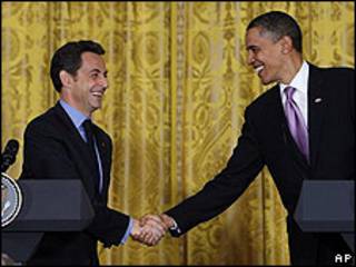 Presidente de EE.UU., Barack Obama y su colega francés, Nicolas Sarkozy, en la Casa Blanca