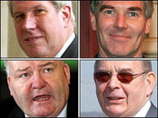 De izq. a derecha, comenzando desde arriba, los ex parlamentarios Elliott Morley, David Chaytor, Jim Devine y Lord Hanningfield