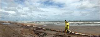 Limpieza de una playa en el Golfo de México afectada por el derrame