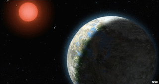 Ilustración de Gliese 581g y su estrella madre