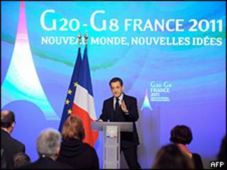 Presidente Sarkozy durante discurso de posse da França na presidência do G20 e G8 (AFP)
