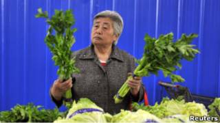 瀋陽一個菜市場內一名顧客挑揀芹菜(11/05/2011)