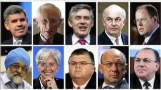 Từ trái hàng trên: Mohamed El-Erian, Ai Cập; Stanley Fischer, Israel; Gordon Brown, Anh; Kemal Dervis, Thổ Nhĩ Kỳ; Peer Steinbrueck, Đức; Montek Singh Ahluwalia, Ấn Độ; Christine Lagarde, Pháp; Agustin Carstens, Mexico; Trevor Manuel, Nam Phi; Axel Weber, Đức