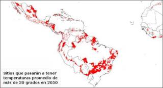Mapa de zonas que pasarán a tener temperaturas de 30 grados centígrados en 2050 Mapa: gentileza CGIAR