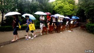 Estudantes da Universidade de Hubei caminham sobre 'ponte' feita de cadeiras. Foto: Getty Images