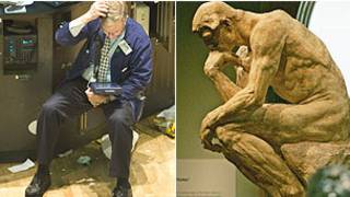 Investidor e estátua d'O Pensador', de Rodin (Montagem: BBC)