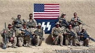 Soldados con la bandera de EE.UU. y el símbolo nazi