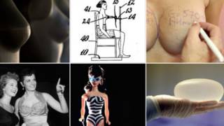 Composição de imagens sobre implantes mamários e modelos de seios, incluindo um projeto de dispositivo para aumentar os seios, de 1929, invenção de Peggy Bbowh, patente americana 1795073