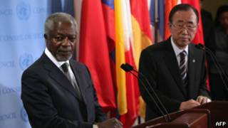 Katibu mkuu wa Umoja wa Mataifa Ban Ki Moon na Kofi Annan